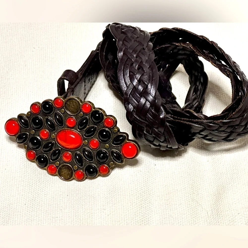 Artisan BELT Leather Braided M Brown Adjustable jeweled Red Gem Buckle 5484 Y